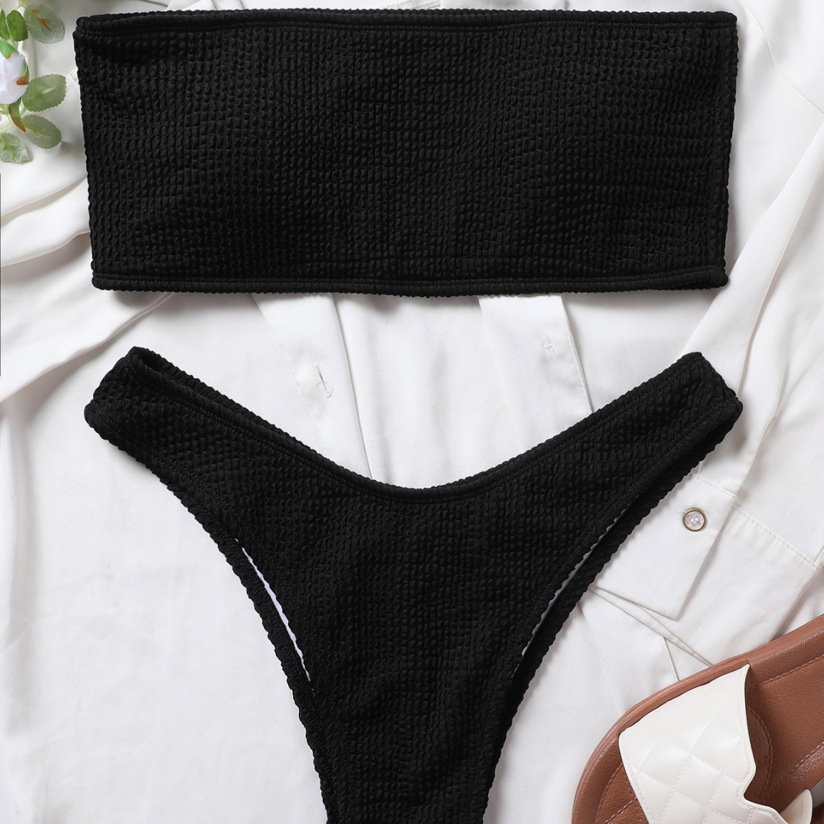 Women's Strapless Two Piece Swimsuit Sexy Solid Color Tight Bikini Style Ribbed_ecoleips.com
