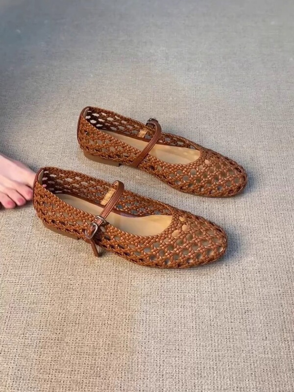 フレンチスタイルの中空織りフラットメッシュサンダル、女性用夏織りワンラインバックルストラップ浅い豚かご靴|undefined