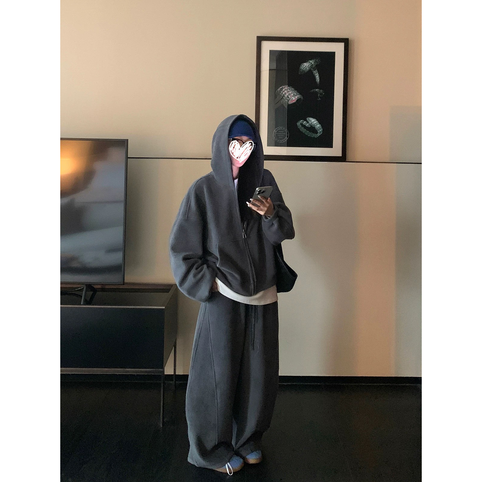 春秋高克重奥粒绒连帽卫衣外套加厚宽松复古阔腿裤套装两件套其它