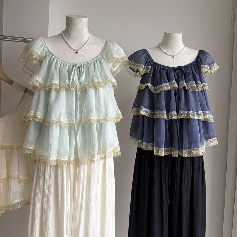 [Bizheng] 2026 Summer New Korean-Style Sweet Lace Layered Chiffon Top for Women, Ethereal and Fairy-Like Blouse 7088