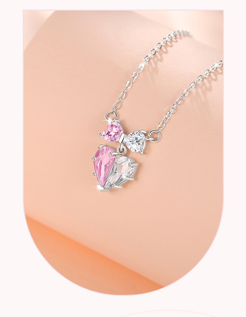 6g Weight Zircon Inlay Material Pendant Necklace Classification cable chain Chain Type 1 Piece Quantity Shopping Occasion 925 Sterling Silver Material Heart Shape, Bow Knot Pattern Women's Gender Plating, Inlay Design Sweet Style 925 Sterling Silver Zircon Cable Chain Plating Inlay Heart Shape Bow Knot Pendant Necklace