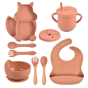 Spot Squirrel Silicone Tableware Baby Silicone Food Supplemental Set Baby Fork Spoon Integrated Silicone Dinner Plate Set