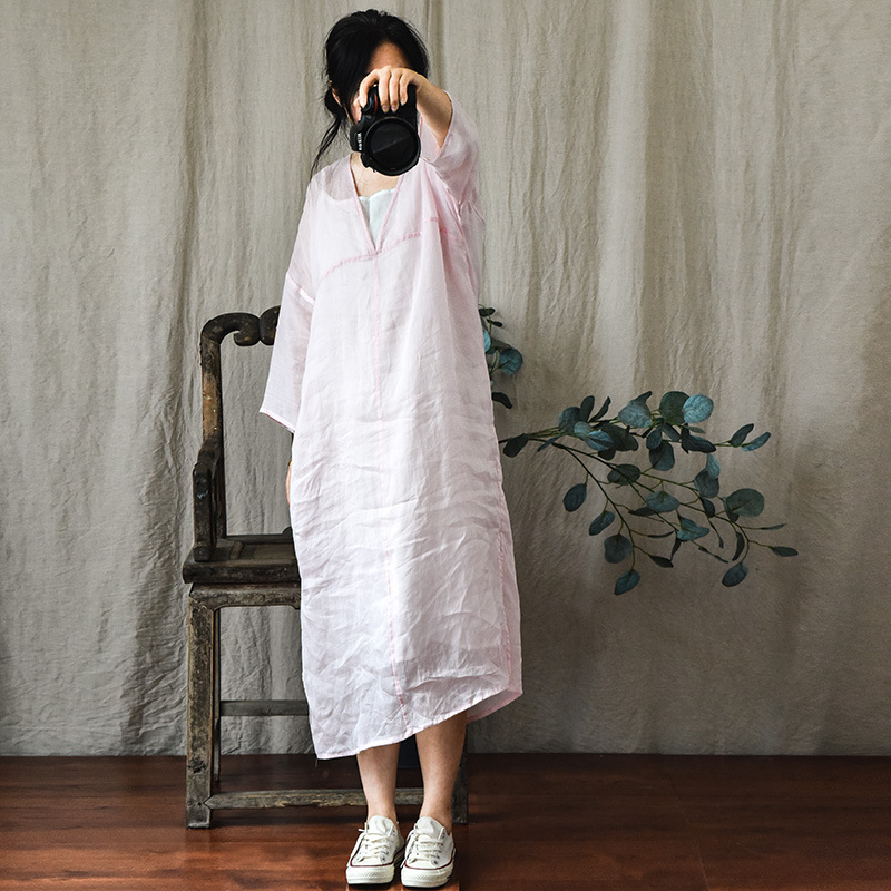 Jingshu/Cotton and Linen Women's 21 Summer New Artistic Original Ramie Robe V-Neck Mid-Sleeve Cool Mid-Length Dress Jingshu/Cotton and Linen Women's 21 Summer New Artistic Original Ramie Robe V-Neck Mid-Sleeve Cool Mid-Length Dress