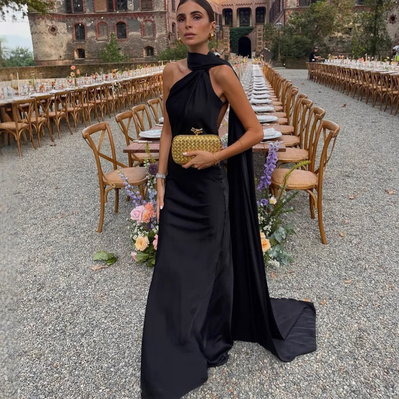 European and American Cross-border 2025 Spring and Summer Women's dress Elegant Satin Shoulder Sleeveless Ribbon Party Dress