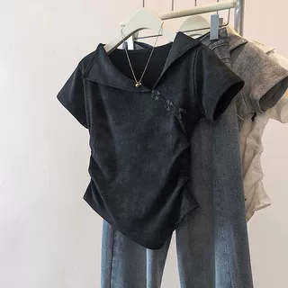 大码胖mm翻领扎染正肩短袖T恤女设计感夏季新款收腰显瘦遮肉上衣