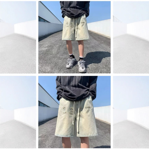 Men's denim shorts, thin, summer, American style, 5-inch high street fashion brand, loose, washed, retro 5-inch pants