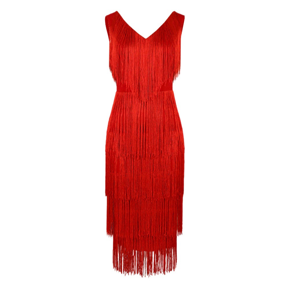 Large Size Women's V-neck Sleeveless High Waist Mid-length Tassel Skirt Women's party dress