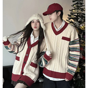 2023 autumn couple wear striped stitching New Year sweater knitted cardigan college style soft glutinous lazy style sweater