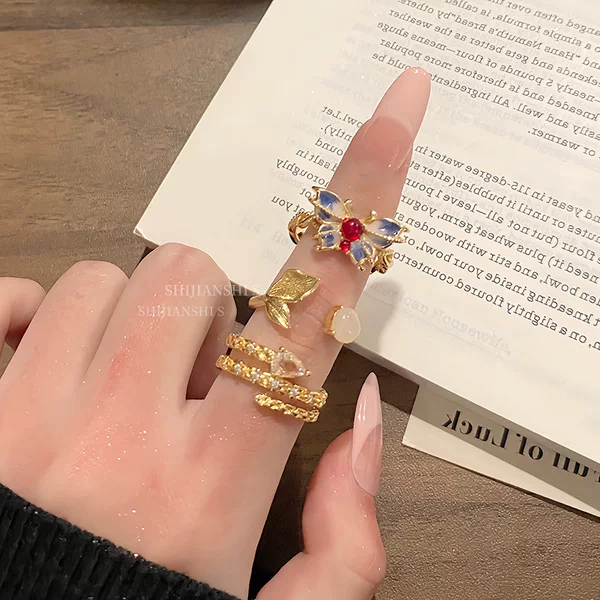 "Golden Butterfly Whisper" Chinese-Style Aesthetic Burnt Blue Gold Butterfly Ring for Women, Light Luxury Fish Tail Brushed Stackable Snake Design Index Finger Ring