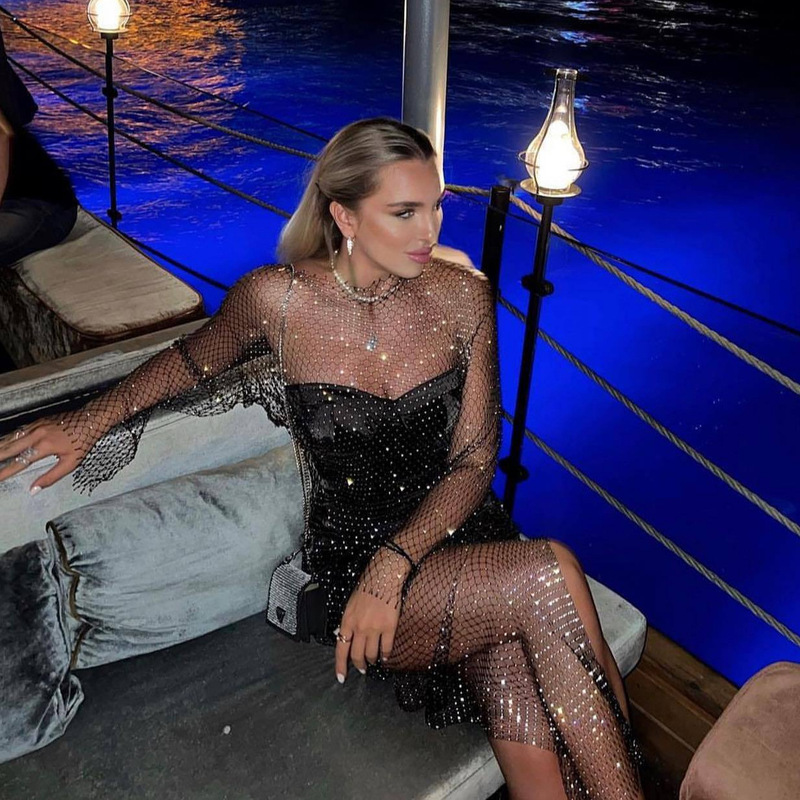 Cross-border European and American Women's Fishing Net Skirt Sexy Mesh Flash Diamond Stretch dress Amazon Hot Hot dress