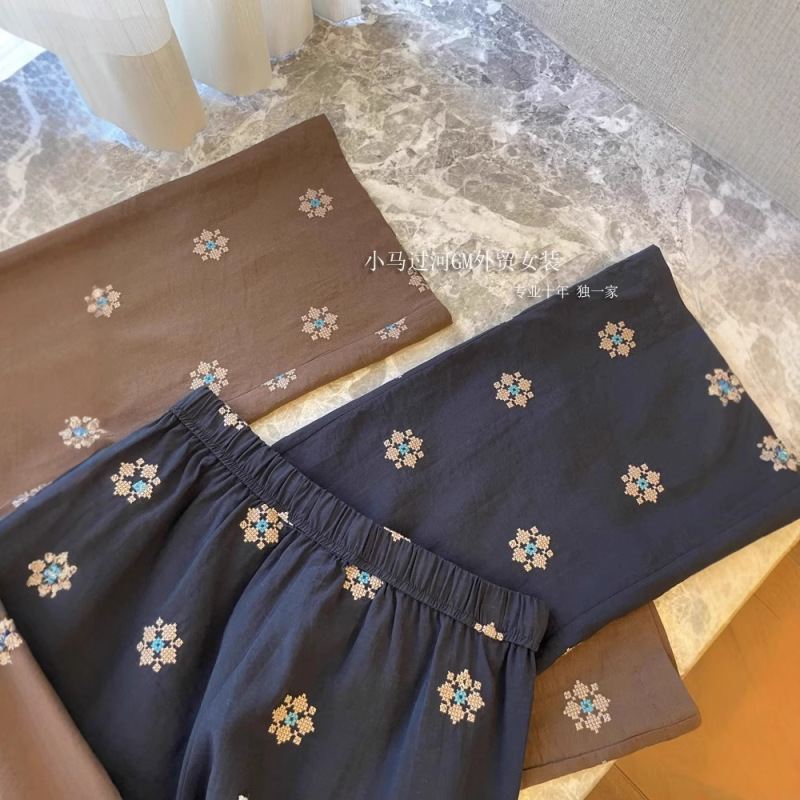 貿易会社の本物! 自留 ~ 日系レトロ刺繍天糸亜麻綿広脚カジュアルパンツ女|undefined