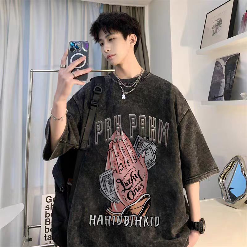 Camiseta de manga corta de algodón puro desgastado lavado retro americano para hombre, camiseta de media manga de marca holgada informal de verano para hombre