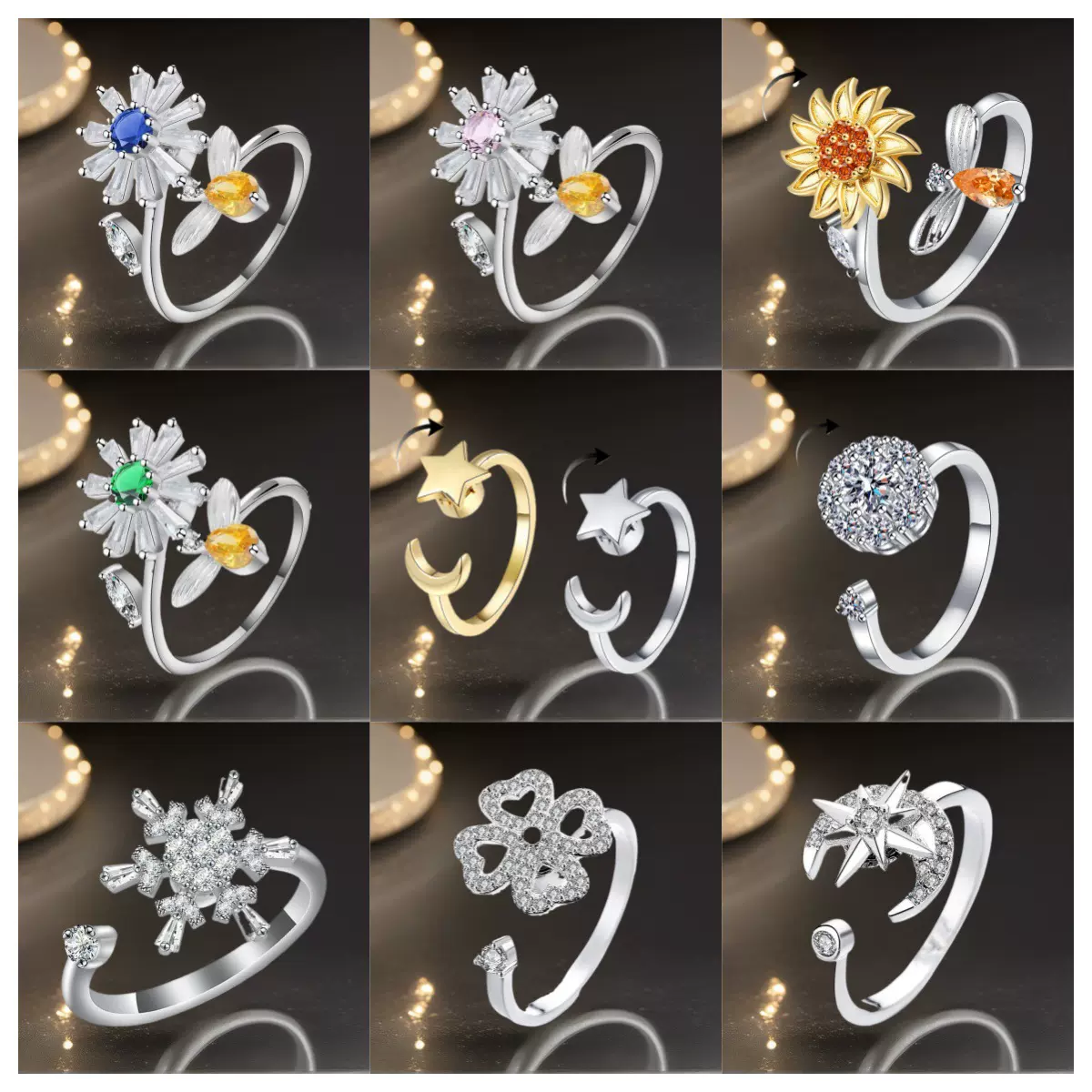 欧美跨境旋转戒指热销个性百搭调节锆石气质轻奢女满天星爆款饰品