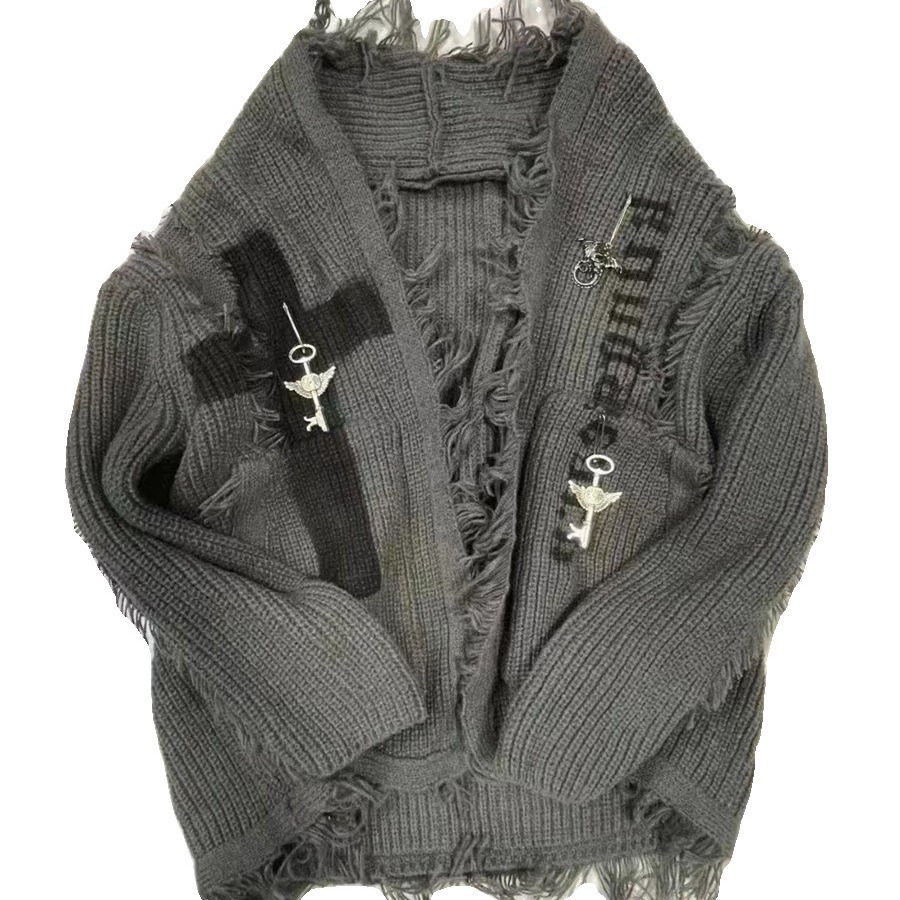 Herrenbekleidung Dark Subculture Retro Distressed Cardigan Sweater Zerrissene Punk-Strickjacke mittlerer Länge für Herren und Damen_voghion.com