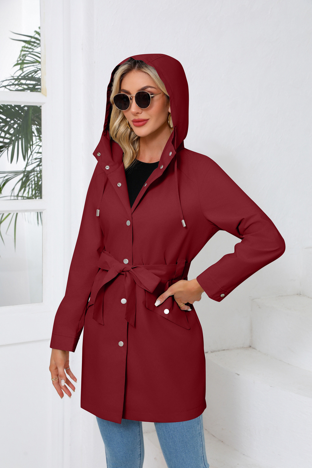 Women's Clothing Spring and Autumn Hooded Water Repellent Jacket with Belt Thin Casual Loose Windbreaker _voghion.com