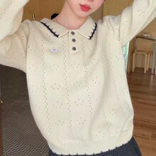 撞色蝴蝶结刺绣翻领长袖毛衣女秋季宽松套头针织衫氛围感百搭上衣