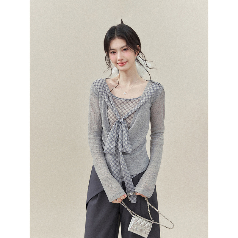 Original fabric, early autumn style, collared plaid top with ribbon detail, faux two-piece design, women's long-sleeved T-shirt with pleats, versatile and easy to match.