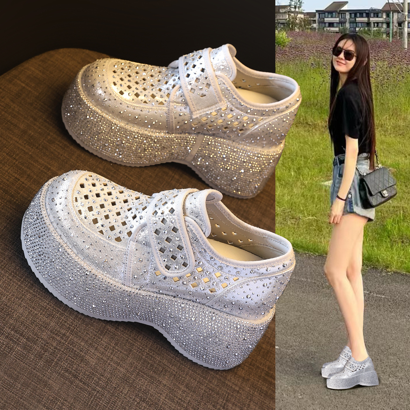 Giày sneaker nữ đế dày tăng chiều cao, phối đá rhinestone, quai magic stick, mùa hè 2026 — màu đen, bạc