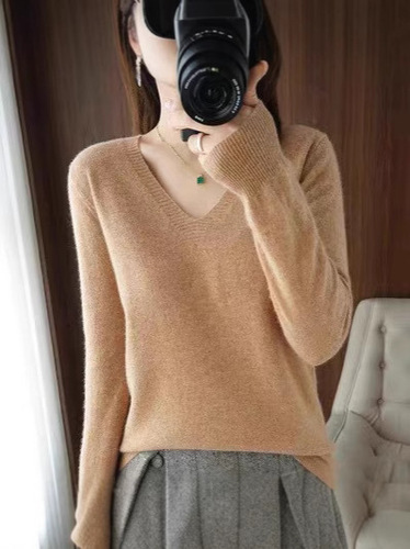 2025 Spring New Solid Color V-Neck Knit Crew Neck Top Slimming Sweater Thin Style Stylish Innerwear
