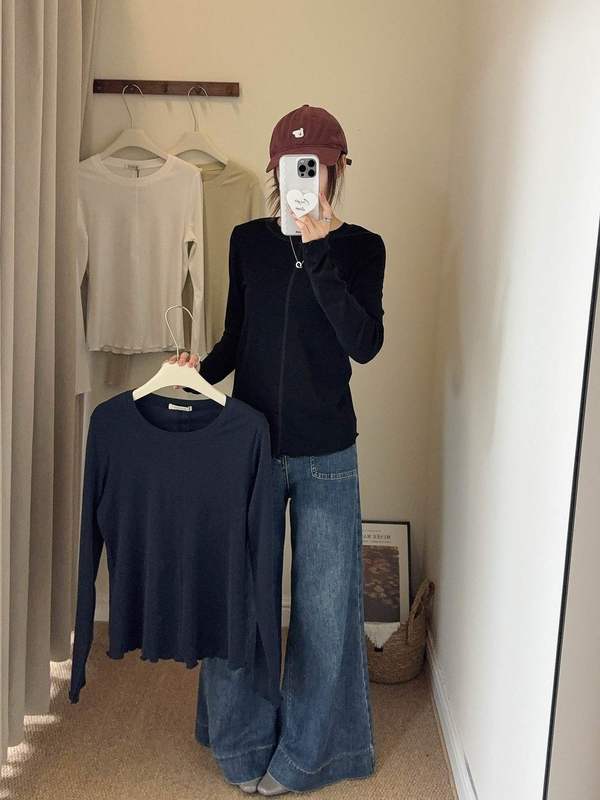 25秋季新款经典简约纯色中缝线木耳边长袖T恤女弹力修身百搭内搭|undefined