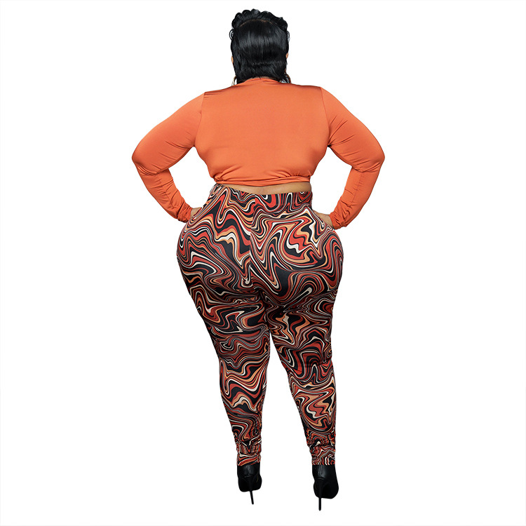 plus size solid color V-Neck Tight Top printed Pants Two-piece Set NSCYF122396