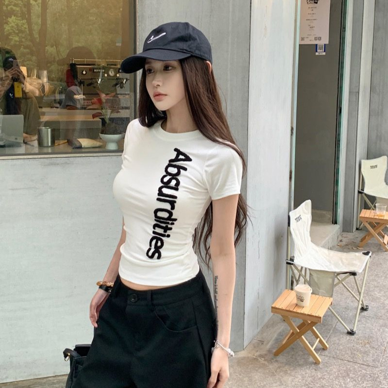 레터 타월 자수 반팔 티셔츠 여성 여름 아메리칸 디자인 틈새 슬림 자수 라운드 넥 타이트 탑