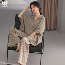 睡衣女士夏季款梭织纯棉薄款条纹半袖长裤海边度假全棉家居服套装