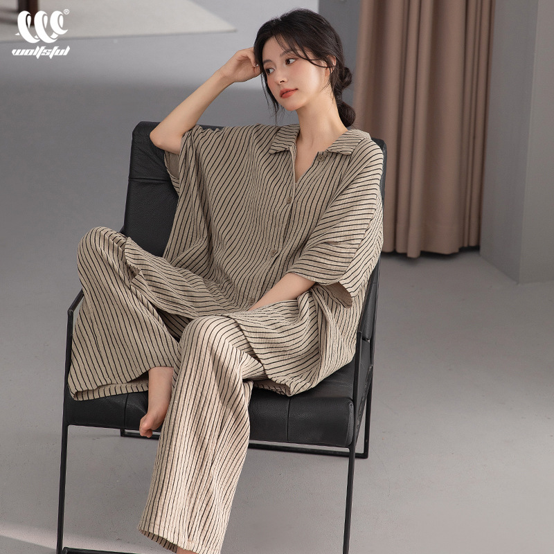 睡衣女士夏季款梭织纯棉薄款条纹半袖长裤海边度假全棉家居服套装