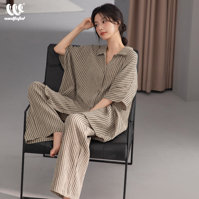 Pajamas for Women Summer Style Woven Pure Cotton Thin Stripesd Half-Sleeved Pants Seaside Vacation Cotton Home Wear Set