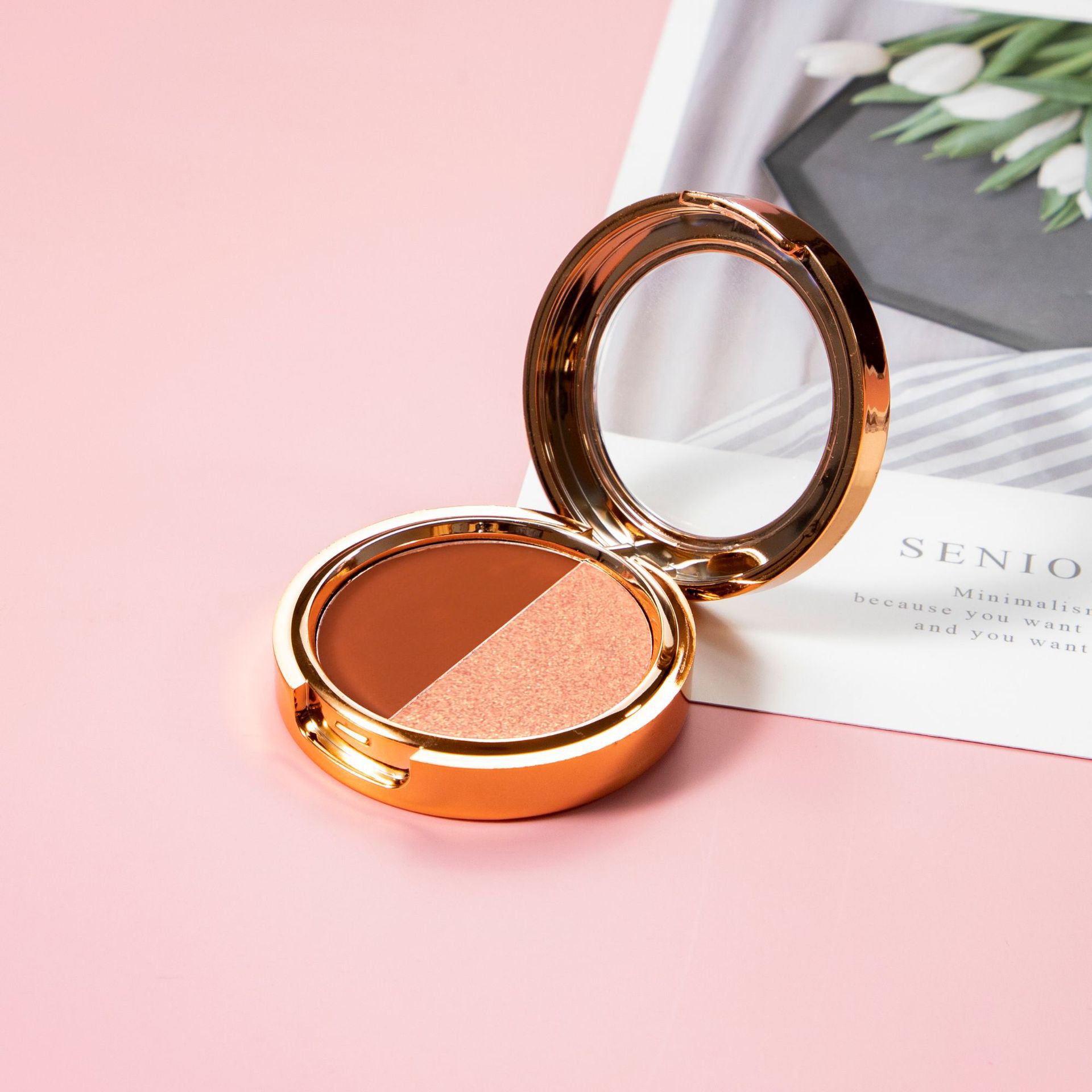 Maquillaje transfronterizo, sombra de ojos de dos colores, combinación de acabado nacarado en uno, paleta de sombras de ojos en polvo delicada y no voladora, multiusos