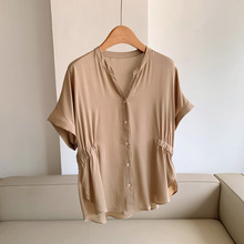 2025真丝V领 收腰显瘦气质通勤短袖衬衣桑蚕丝衬衫批发H05HT25120