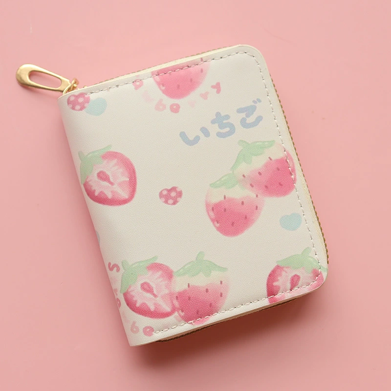 Short Zipper Wallet, cartoon strawberry design, capacious coin/card slots, for elementary students