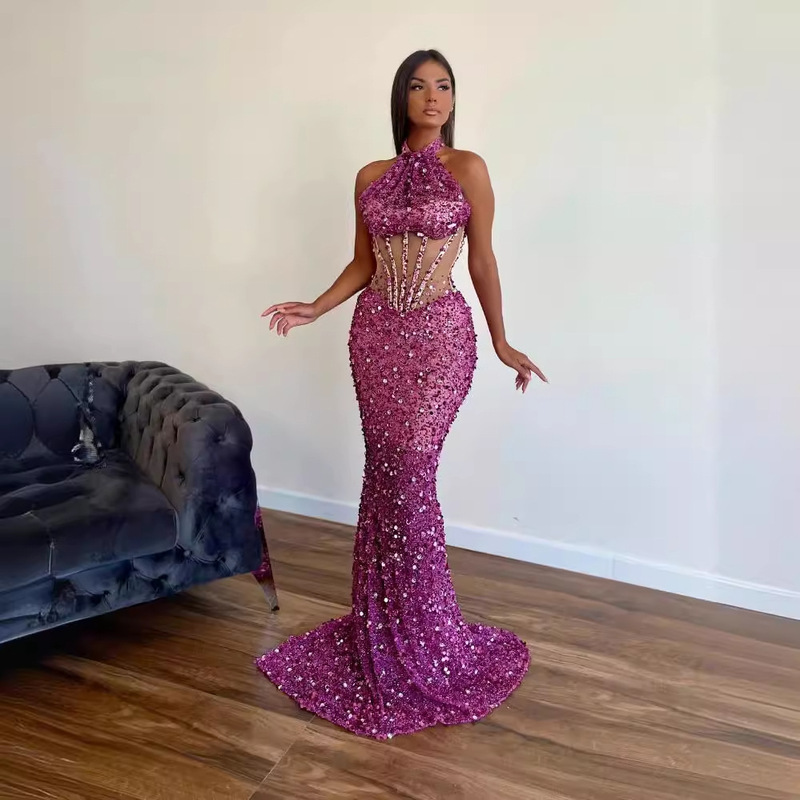 Cross-border Sexy Perspective Shiny Rhinestone Rose Red Sequin Sleeve Long Dress Heavy Industry Red Carpet Party Performance Dress Cross-border Sexy Perspective Shiny Rhinestone Rose Red Sequin Sleeve Long Dress Heavy Industry Red Carpet Party Performance Dress