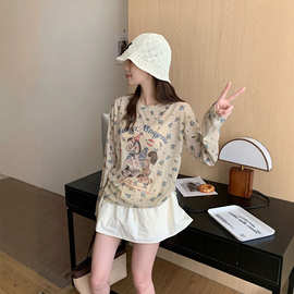实拍 时尚设计感卡通印花长袖T恤女2026夏季新款休闲百搭防晒罩衫