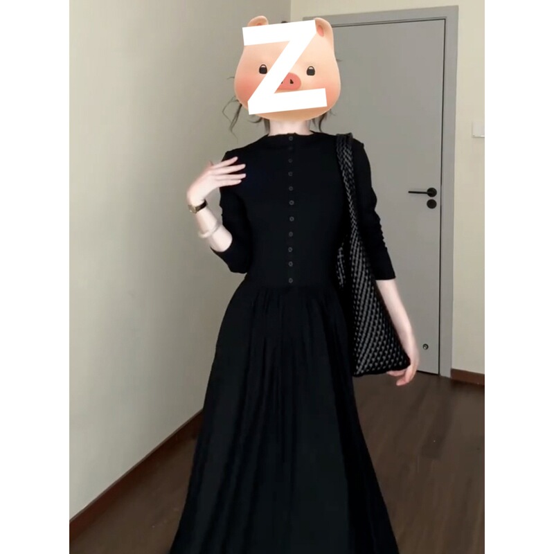法式早秋穿搭黑色连衣裙子女2025年新款小个子感休闲气质修身长裙|undefined