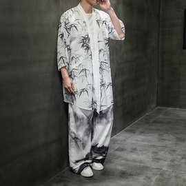 中国风男装套装青年宽松加肥加大码胖子复古风唐装汉服夏季潮流