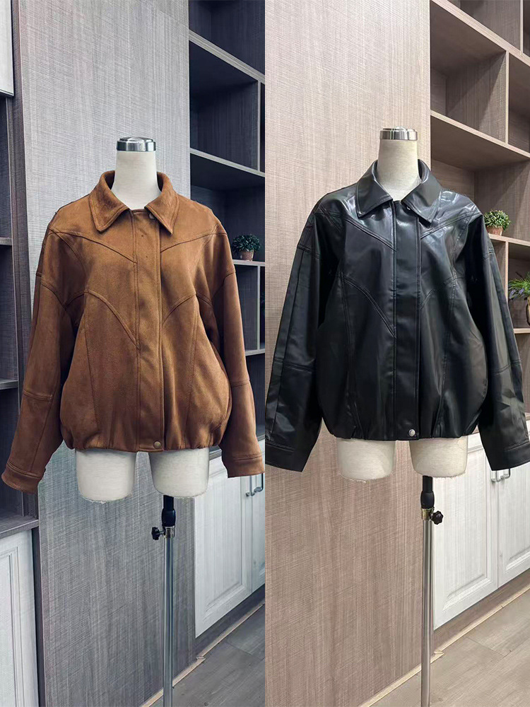 ジェニー(JENNIE)と同じスタイルの2025年新作メイラードブラウンスエードジャケット、レディースゆったり襟付きジャケット