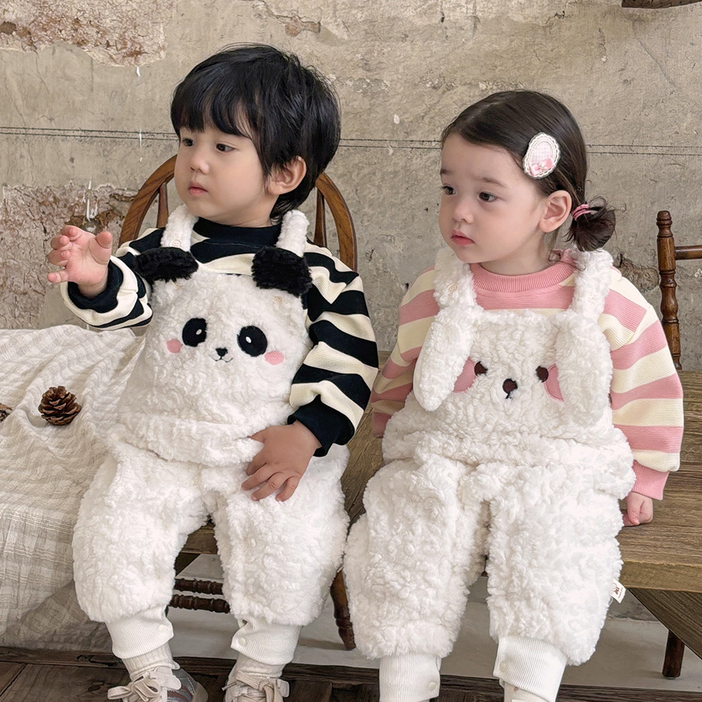 Ropa de otoño e invierno para bebés Suéter a rayas para niños coreanos Monos de lana de dibujos animados lindos Traje de salida de dos piezas