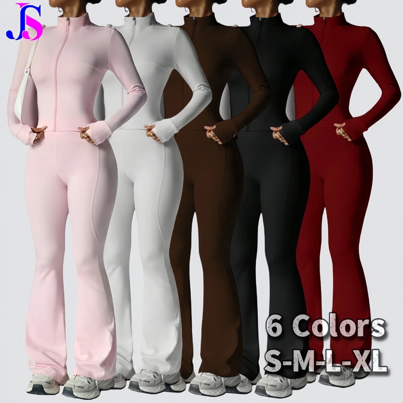 Jinshi Tk Popular Autumn and Winter Zip-Up Long-Sleeve Flared Pants Yoga Set, Naked-Feel Fitness Sportswear for Women Yoga Set