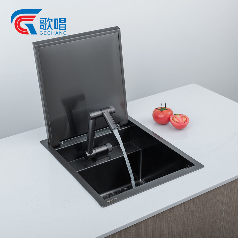 Singing Bar Sink with Invisible Drop-Down Flip-Top Island Sink Rv Small Single-Slot Mini Sink under the Counter