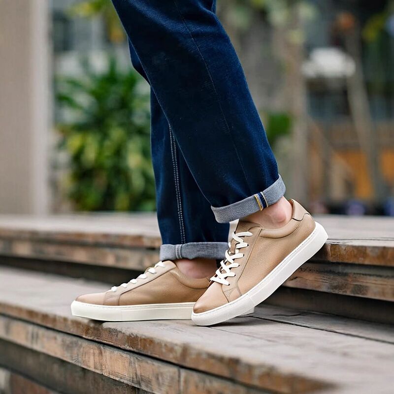 Genuine Leather Green Sports Casual Shoes for Men, Cowhide Breathable Soft Sole Shoes, Apricot Handmade Shoes with Suit Shoes