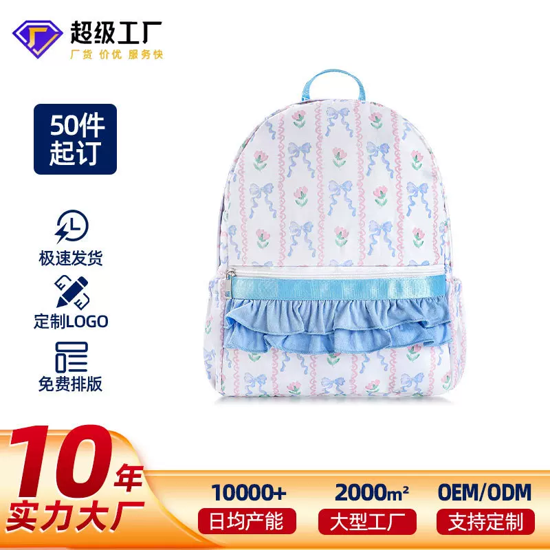 欧美新品双肩包女士背包民族风印花朵防水大容量木耳边学生书包