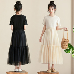 原創小個子女生網紗拼接連衣裙洋氣甜美長款親子裙高品質演出長裙