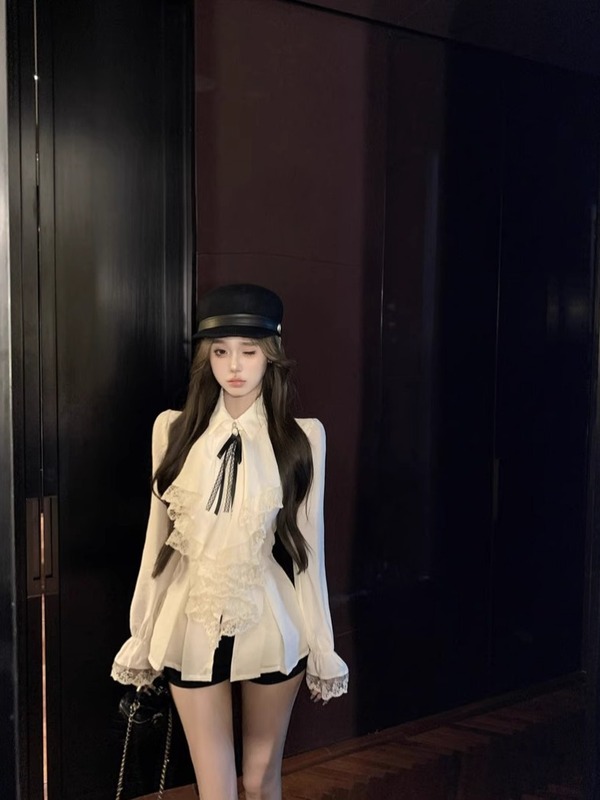千金风法式蕾丝荷叶边长袖衬衫女2025秋季新款显瘦米杏色上衣|undefined