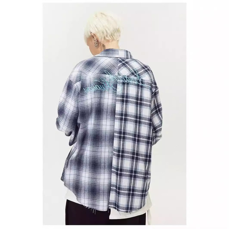 Spliced Plaid Shirt Men's Long-Sleeved Embroidered Letter Shirt Design Niche Boyfriend Style Jacket 2023 New Trend Spliced Plaid Shirt Men's Long-Sleeved Embroidered Letter Shirt Design Niche Boyfriend Style Jacket 2023 New Trend