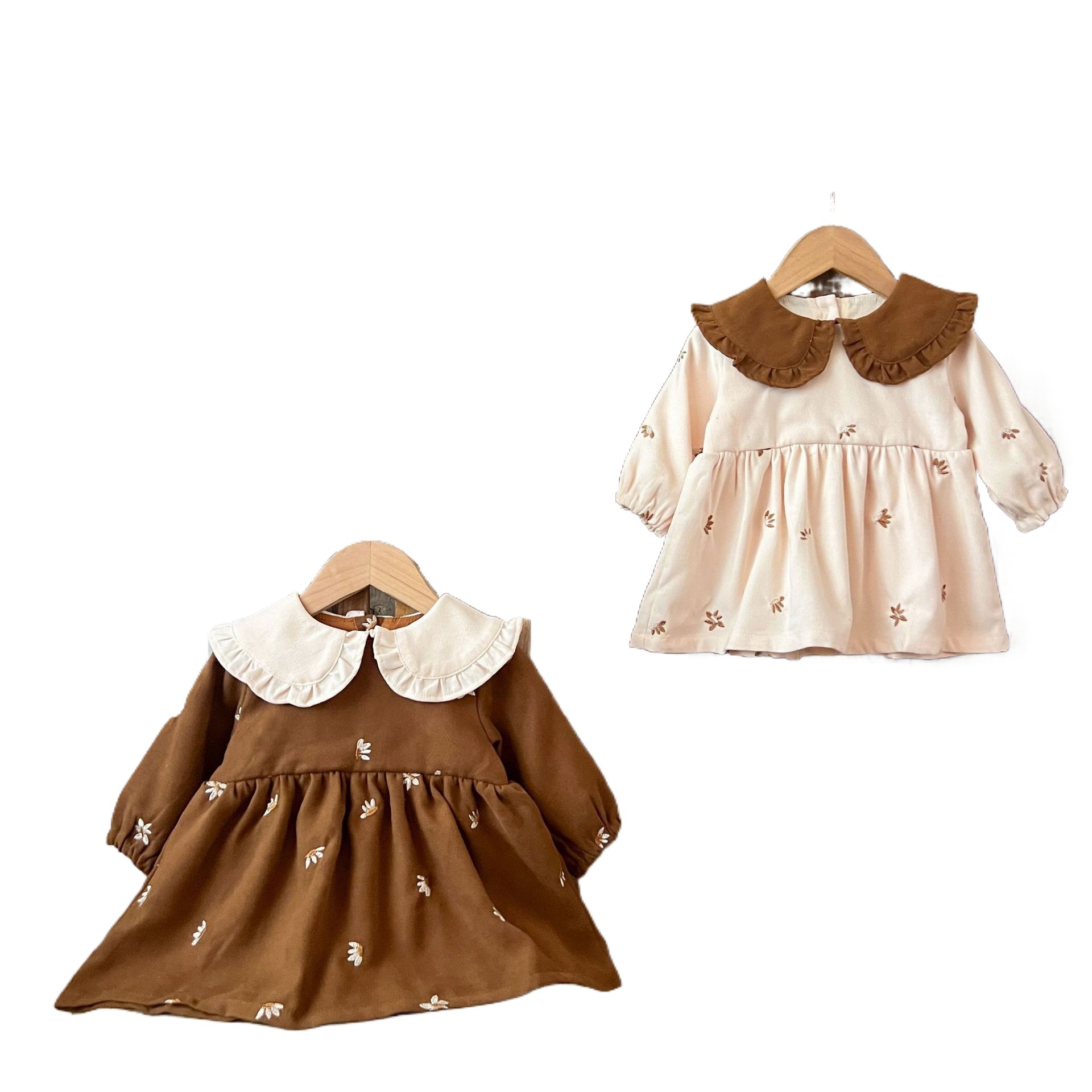 Ins vestido de solapa de color de contraste bordado completo de algodón para niñas coreanas vestido casual de primavera y otoño para bebés y niños pequeños