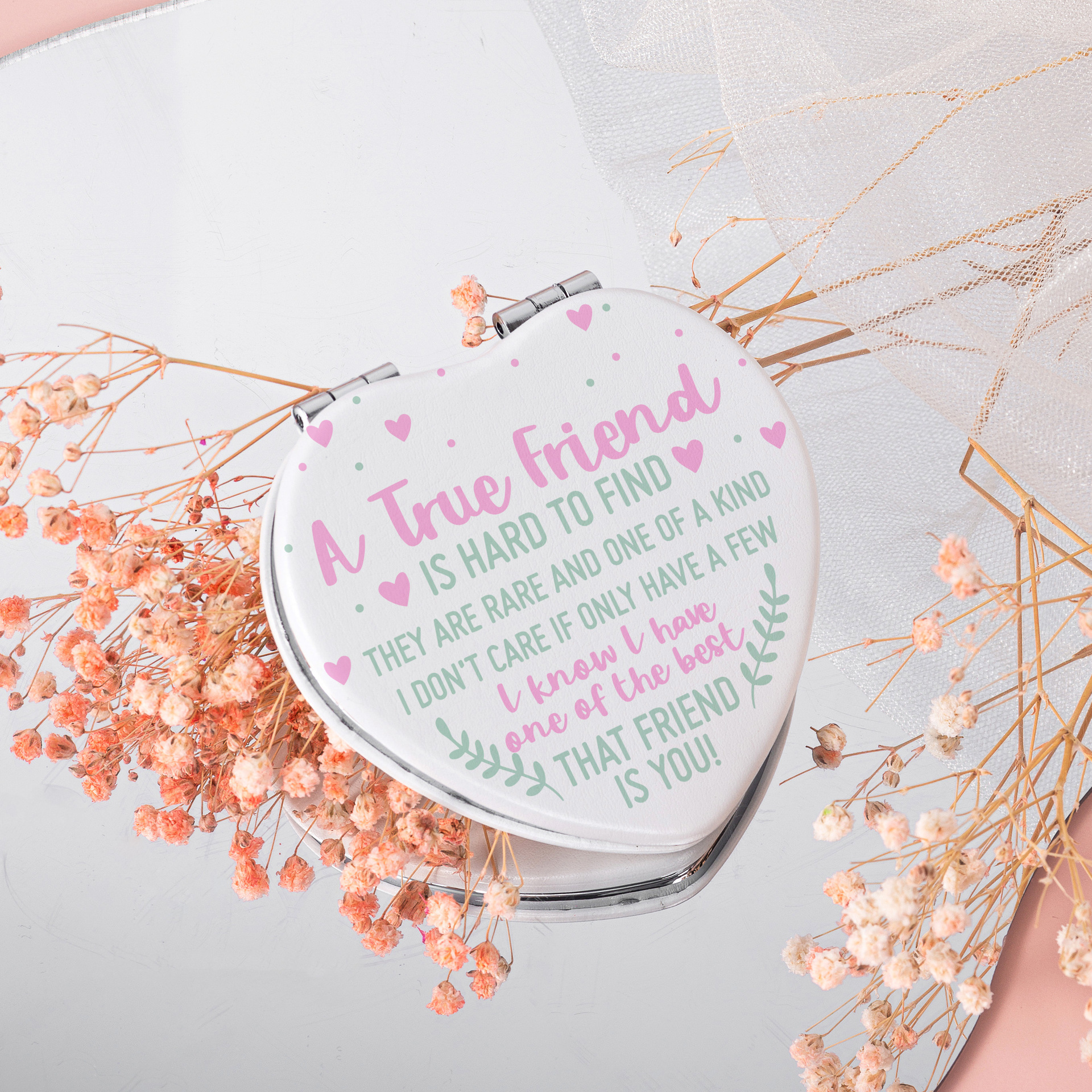 Espejo portátil con funda de PU en forma de corazón, estilo ins