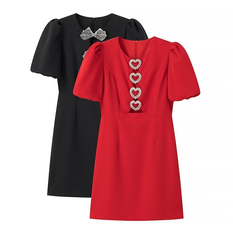 European and American Style 2024 Summer New Two-Color Round Neck Heart Decorated Short-Sleeved Dress Cut Out Skirt G7-A718