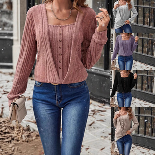 2025 New Autumn and Winter Cross-Border European and American Clothing Amazon Wish New Button Fake 2-Piece Sweater Knitwear