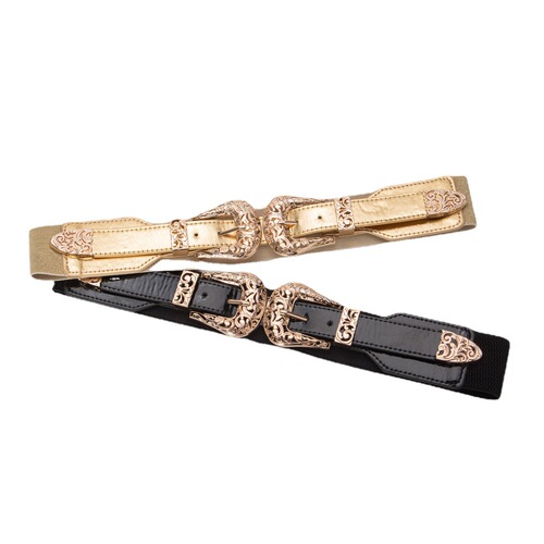 Black retro carved hollow double buckle wide belt double buckle elastic elastic waistband versatile waistband women's accessories